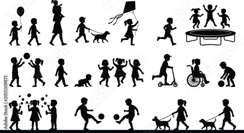 Fotografia Large set of kids silhouettes playing outdoor activities running jumping flying