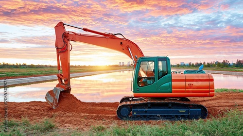 Fotografie Excavator with orange and green color scheme digging soil near a reflective wate
