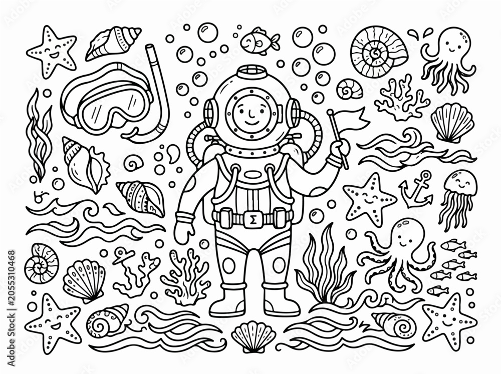 Naklejka premium Diver character doodle set