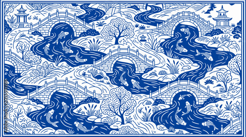 Bild auf Leinwand Blue and white illustration of arched stone bridges over winding rivers with koi