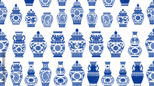 Bild auf Leinwand Pattern of blue and white Chinese porcelain vases and ginger jars arranged in th