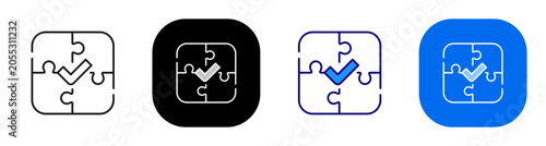 Puzzle with check mark for completed integration solution and validation. Line, filled, black, color set. Editable stroke