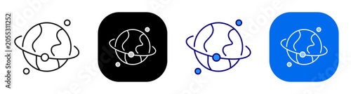 Globe orbit nodes for worldwide network connection and global communication. Line, filled, black, color set. Editable stroke