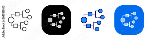 Branching workflow chart for process structure network organization and planning. Line, filled, black, color set. Editable stroke