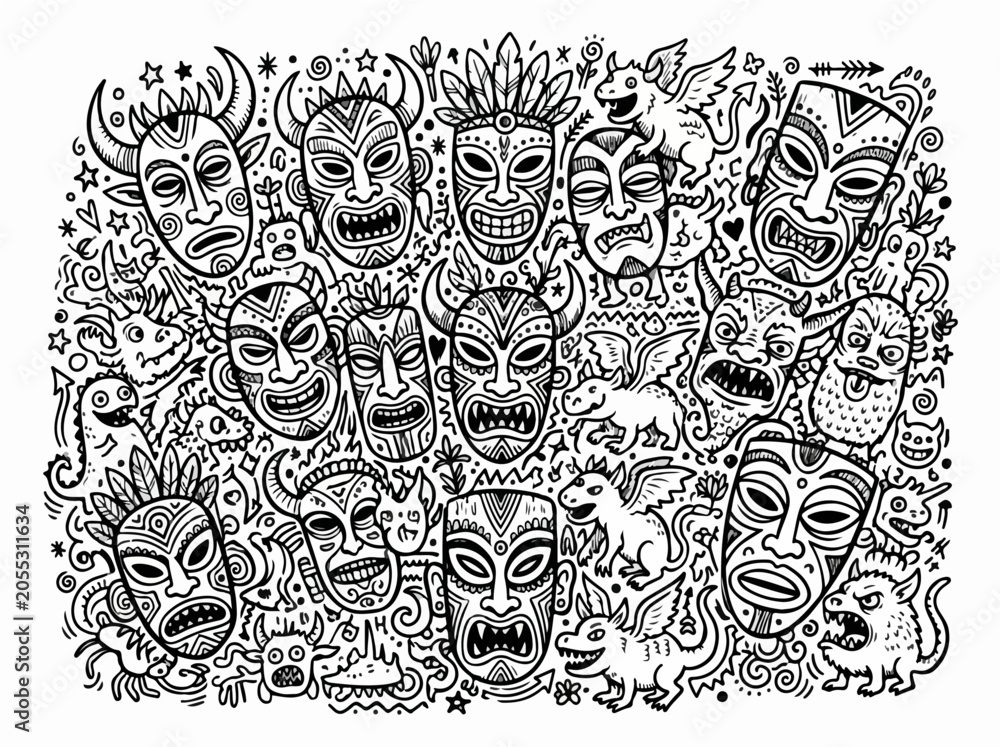 Obraz premium Tribal masks and monster doodle illustrations