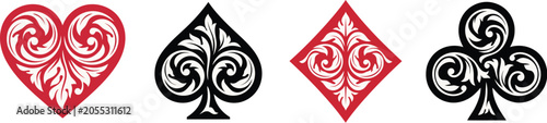 Fotografía Playing card suits set, decorative heart spade diamond club symbols vector artwo