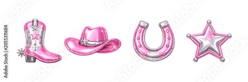 Western shiny pink and silver metallic foil balloon icon set with cowgirl boot, cowboy hat, horseshoe and star isolated on transparent background