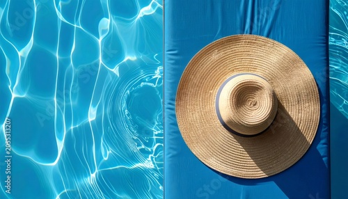 Straw hat on blue lounger by swimming pool, summer relaxation