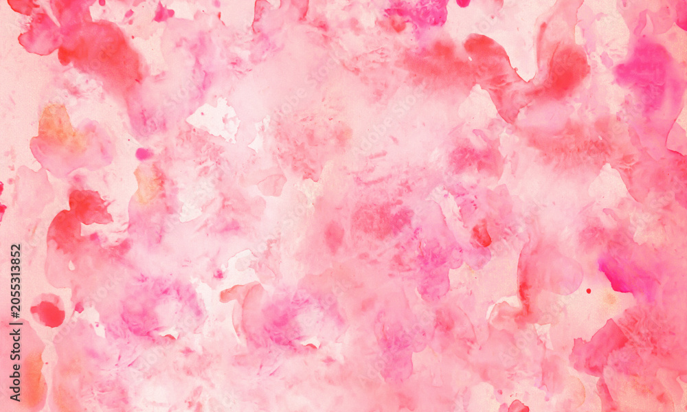 Fototapeta premium Hot Fuchsia, Salmon, Watermelon Pink, Powder blush, Pastel Pink, Peach Schnapps, Pig Pink, Pink Mist tones. Soft watercolor texture. Blob blot smudge, fluid edges. Blank template design