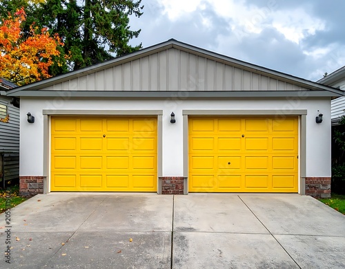 Two bright yellow garage doors on house.