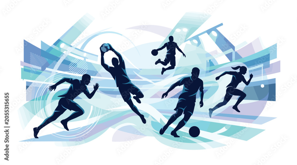 Fototapeta premium Silhouettes of athletes playing soccer, basketball, and running against a dynamic blue abstract background of stadium lights.