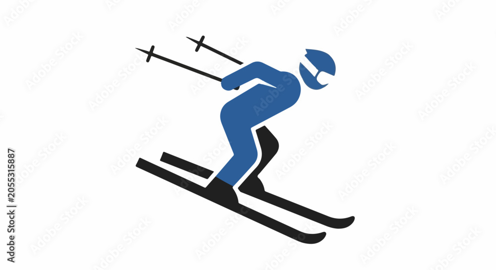 Fototapeta premium A blue stylized figure on skis, wearing a helmet, and holding poles