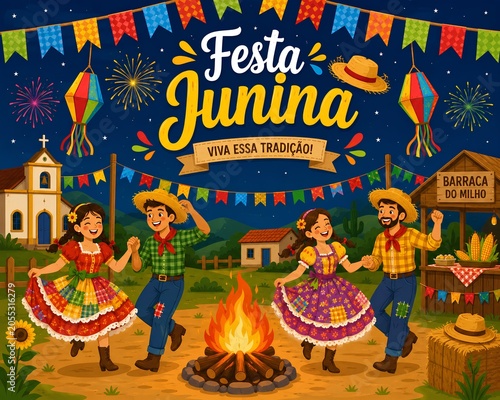 Colorful Festa Junina celebration with people dancing and festive decorations - ai generative