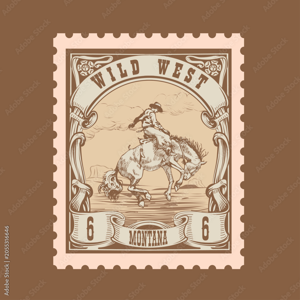 Obraz premium Vintage Wild West Cowboy Rodeo Postage Stamp Vector