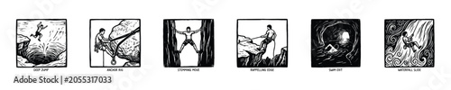 Rock climbing techniques and adventure sports illustrated in woodcut style