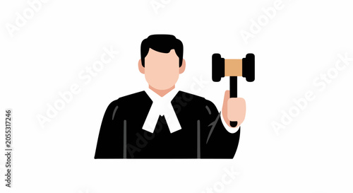 A flat design illustration of a judge holding a gavel, emphasizing legal authority