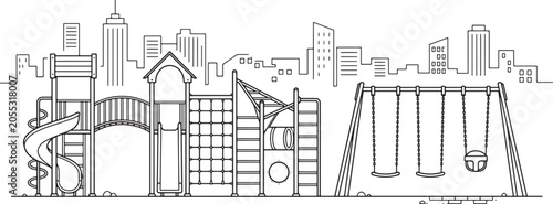 Playground equipment with slides and swings in front of a city skyline outline vector illustration design
