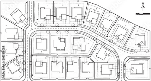 Residential subdivision site plan with house footprints and road layout for urban planning and real estate development