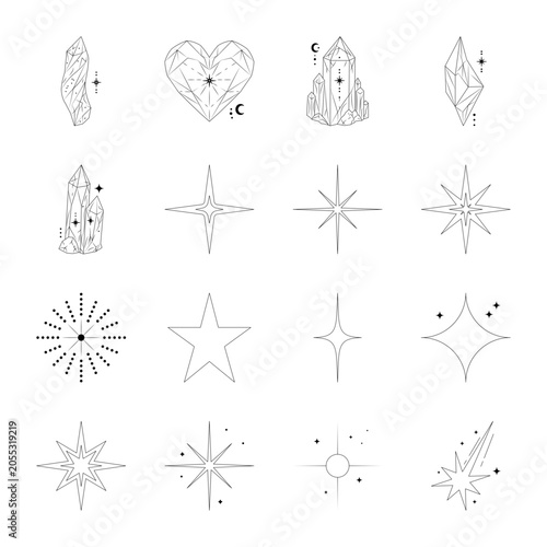 Crystal formations, sparkling stars, celestial symbols, navigation icons, planets, comets, and magical astronomy line illustrations. 

