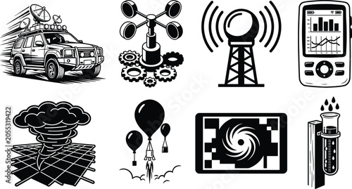 Obraz na plátně Black and white meteorology icon set featuring weather forecasting equipment sto