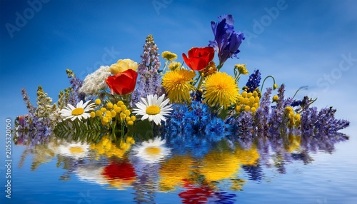 Vibrant Wildflower Composition On Deep Blue Sky Reflection Background