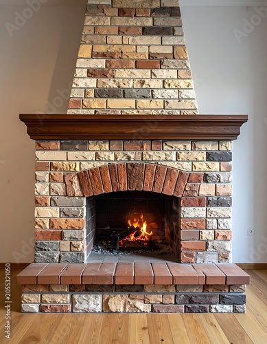 Brick fireplace with burning fire inside.