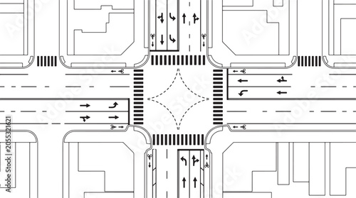 Top down view of a city street intersection with road markings and pedestrian crosswalks vector illustration