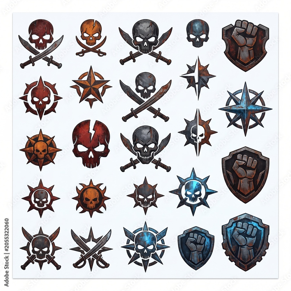 Obraz premium A collection of rusty, grunge-style emblems featuring skulls, crossed swords, powerful fists in shields, and compass stars. Ideal for gaming, adventure, and vintage designs.