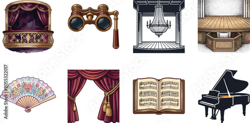 Foto Elegant theater and opera vector elements collection featuring a stage box, lorgnette binoculars, luxury chandelier, prompter box, hand fan, stage curtains, sheet music, and grand piano