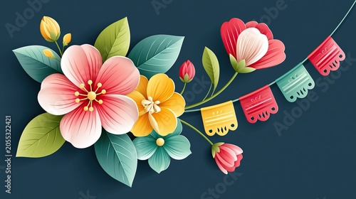 Colorful floral illustration featuring pink, yellow, and red flowers with green leaves and decorative papel picado banners on a dark blue background