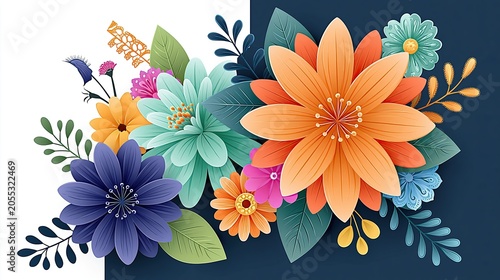 Colorful floral illustration featuring various flowers including orange, blue, and pink blooms with green leaves on a contrasting dark background