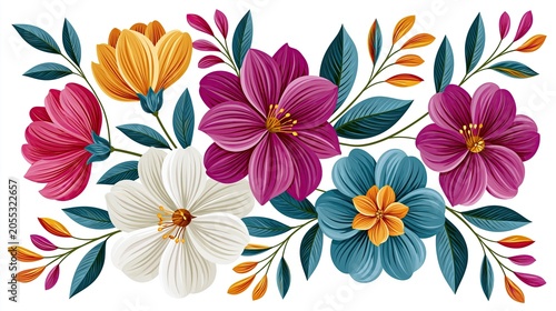 Colorful floral illustration featuring various flowers including pink, purple, blue, yellow, and white blooms with green leaves arranged in a decorative pattern