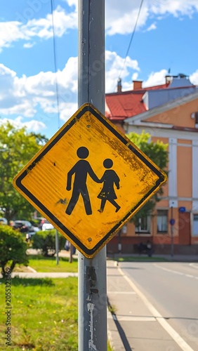 School crossing sign on pole.
