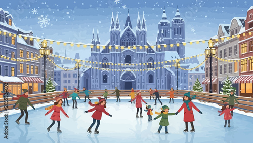 Winter Ice Skating Rink in European City Square with Cathedral and Lights