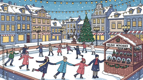 Winter Ice Skating Rink in European Town Square with Christmas Tree and Snowfall