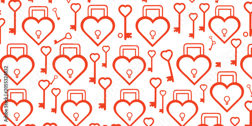 Heart lock and key seamless pattern background for romantic valentine day decoration and love concept design projects featuring red outline shapes on white base