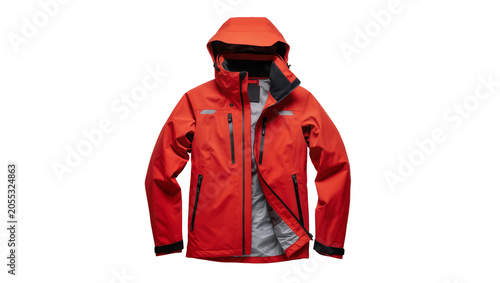 Isolated vibrant orange technical outdoor jacket with hood and multiple black zippers