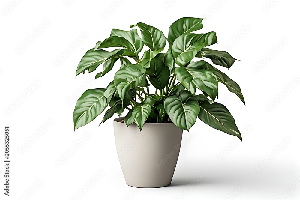 Fototapeta premium A potted plant with large green leaves sits on a surface indoors.