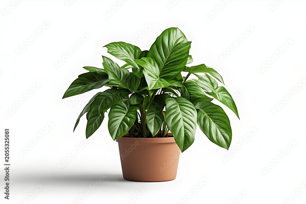 Fototapeta premium A potted plant with large green leaves sits on a white surface indoors.