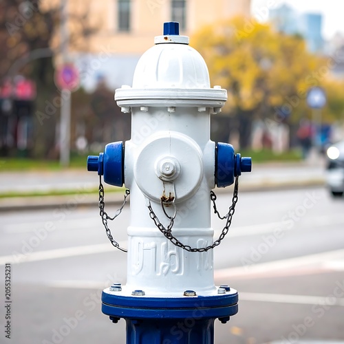 White and blue fire hydrant on street.