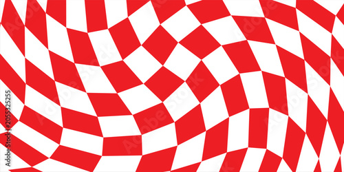 Warp Checkerboard Seamless Pattern. Groovy Distorted Checkered Background. Vector checkered background with optical illusion or distortion wave. Psychedelic dynamic banner background.eps,10