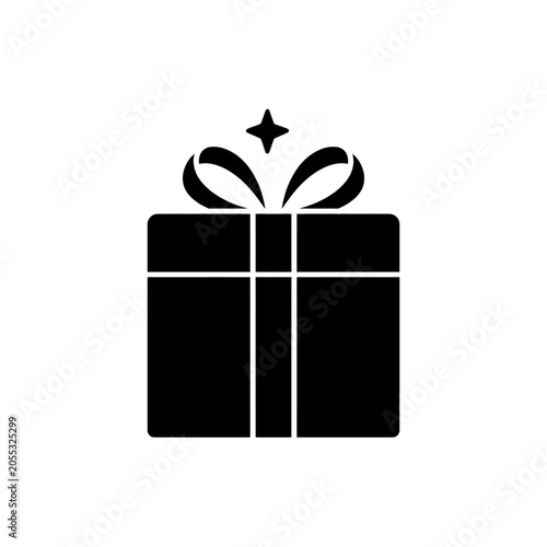 Black gift box icon with ribbon bow isolated on white background for web graphics.