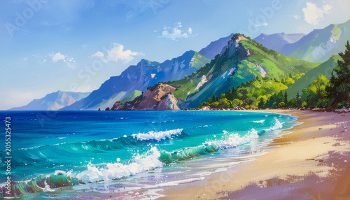 Turquoise waves on golden beach with lush mountains in textured oil painting.