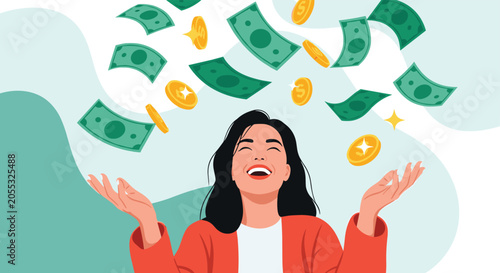 Joyful woman in an orange jacket celebrating as money in the form of gold coins and bills falls around her for wealth concepts.