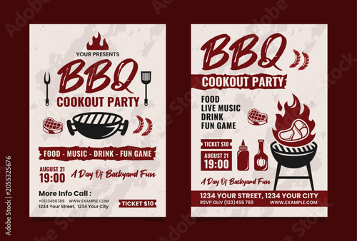 Set of BBQ cookout party flyer or poster editable template design