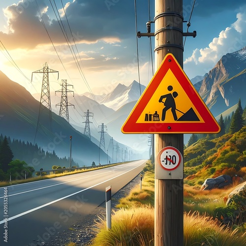 Roadwork ahead sign on highway pole.