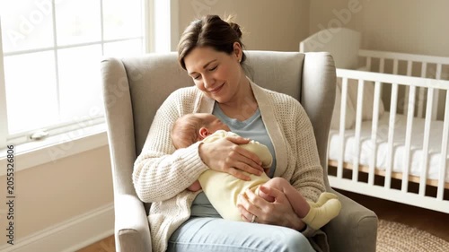 Mother holding newborn baby in cozy living room