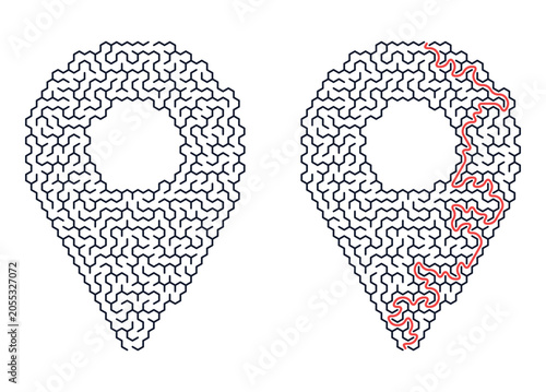Abstract maze-like map pins in black and red on white background  