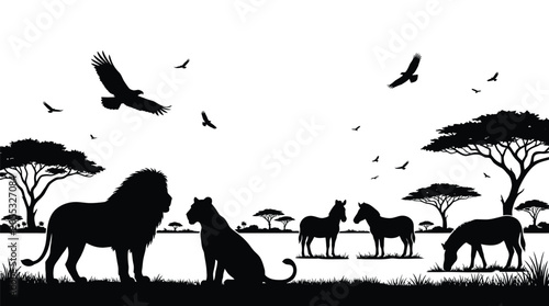 Detailed black vector illustration featuring majestic lions and zebras roaming across a vast african savanna