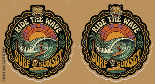 Photography Retro 1970s surf vector graphic, bold outlines, surfing wave with palm trees and sunset, groovy typography Ride the Wave, vibrant tropical colors cyan